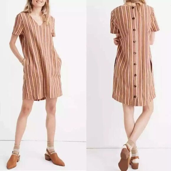 Madewell Button Back Easy Dress In Rainbow Stripe XL Linen Blend - Picture 1 of 11